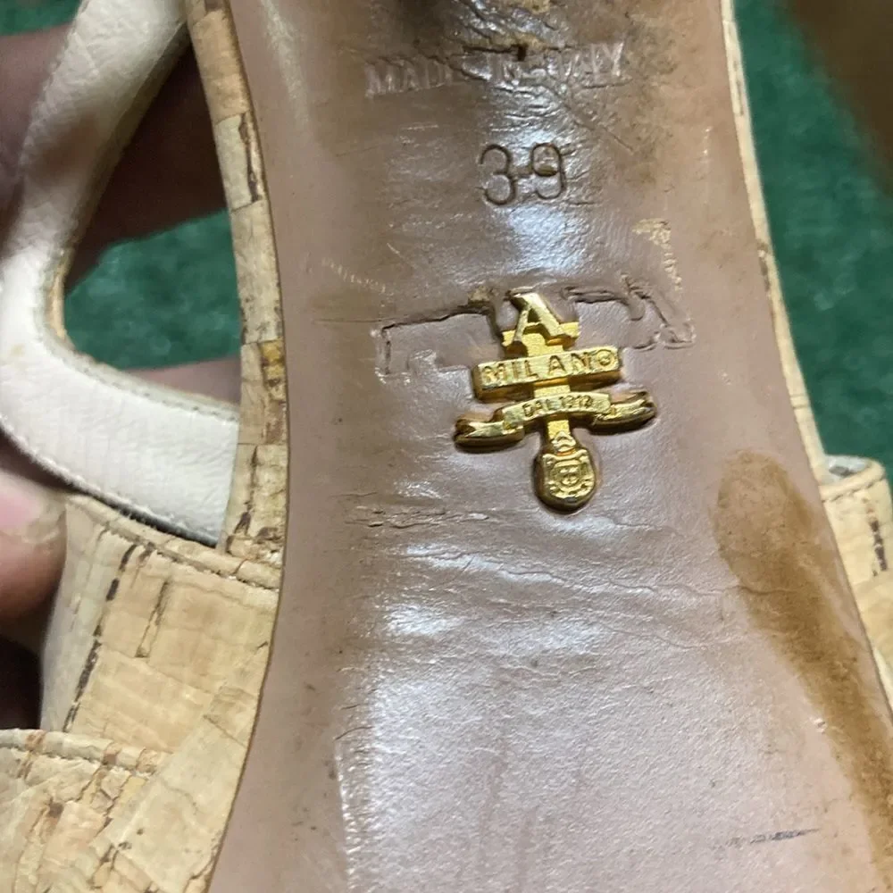 Prada Natural Cork Platform Sandals with Gold Buckles